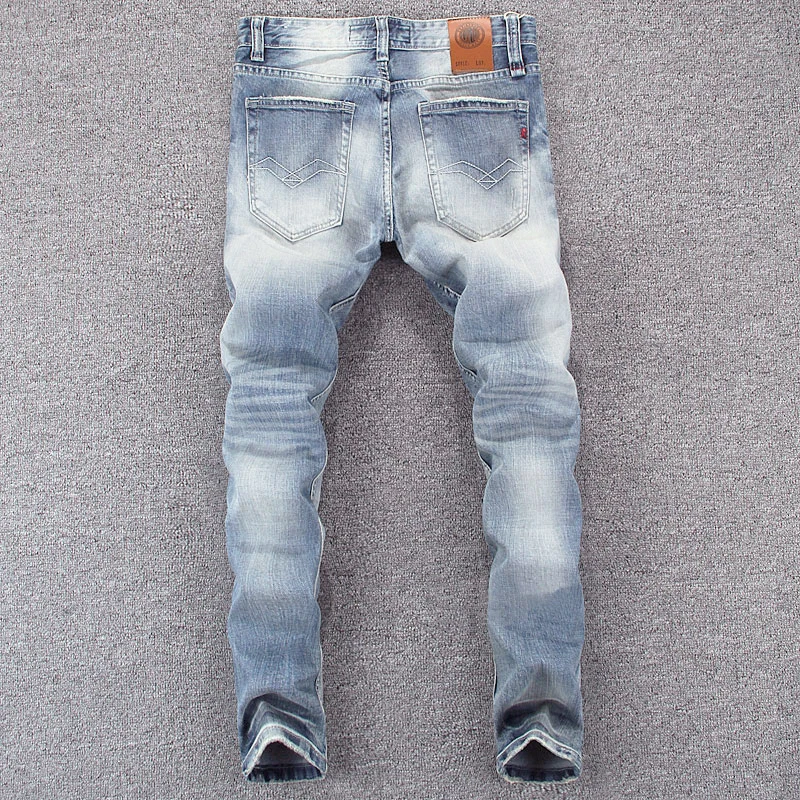 Italian Style Fashion Men Jeans Retro Light Blue Slim Fit Ripped Jeans Men Vintage Trousers Casual Designer Denim Pants Hombre