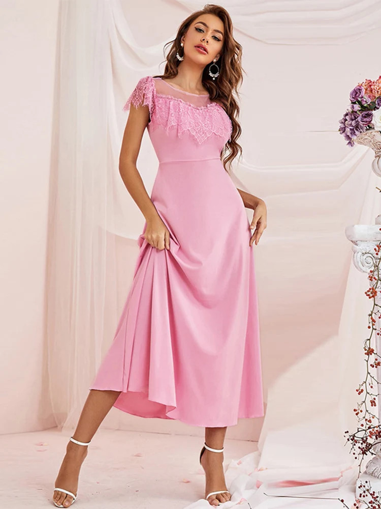 

Women Casual Elegant Maxi Dresses 2023 New Summer Crew Neck Ruffle Sleeve Lace Mesh Slim Swing Turkey Evening Party Robe Vestido