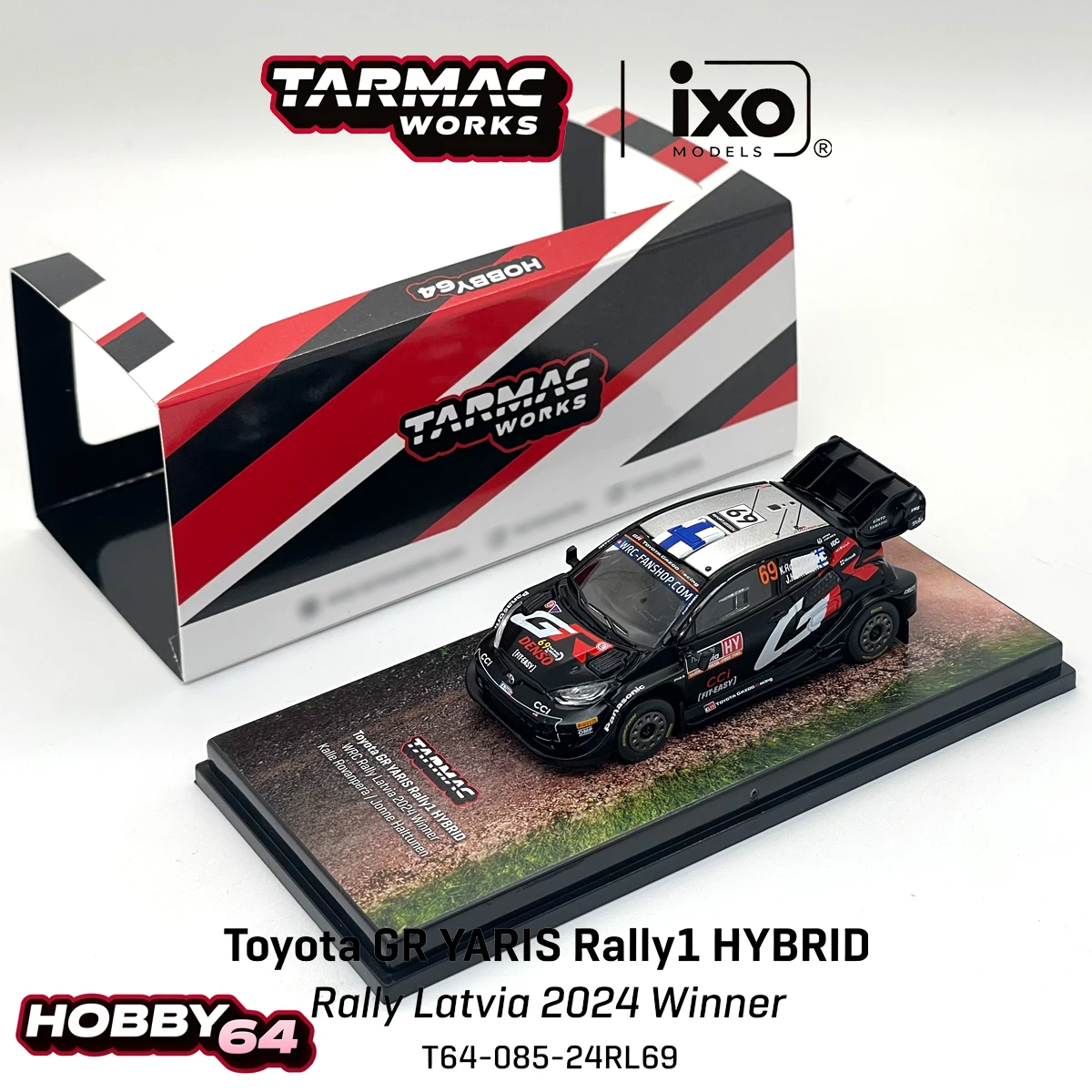 Фото В наличии, быстрая доставка: Tarmac Works X IXO 1:64 GR YARIS Rally1 HYBRID # 69 Латвия 2024 Winner Rally T64-085-24RL69 Модель автомобиля из литого металла №1