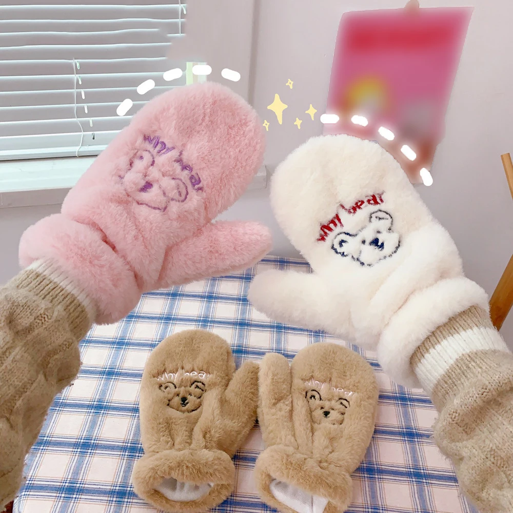 

2022 New Korean Style Women Winter Outdoor Gloves Cute Fluffy Bear Plush Gloves Soft Full Finger Mittens Thick and Warm Gloves