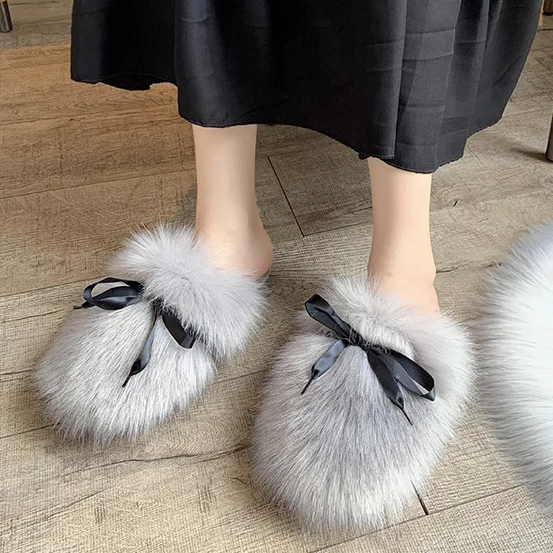 

Шлепанцы женские из искусственного меха, удобные теплые комнатные тапки, мягкая подошва, с бантом, сланцы, хлопковая обувь для дома
