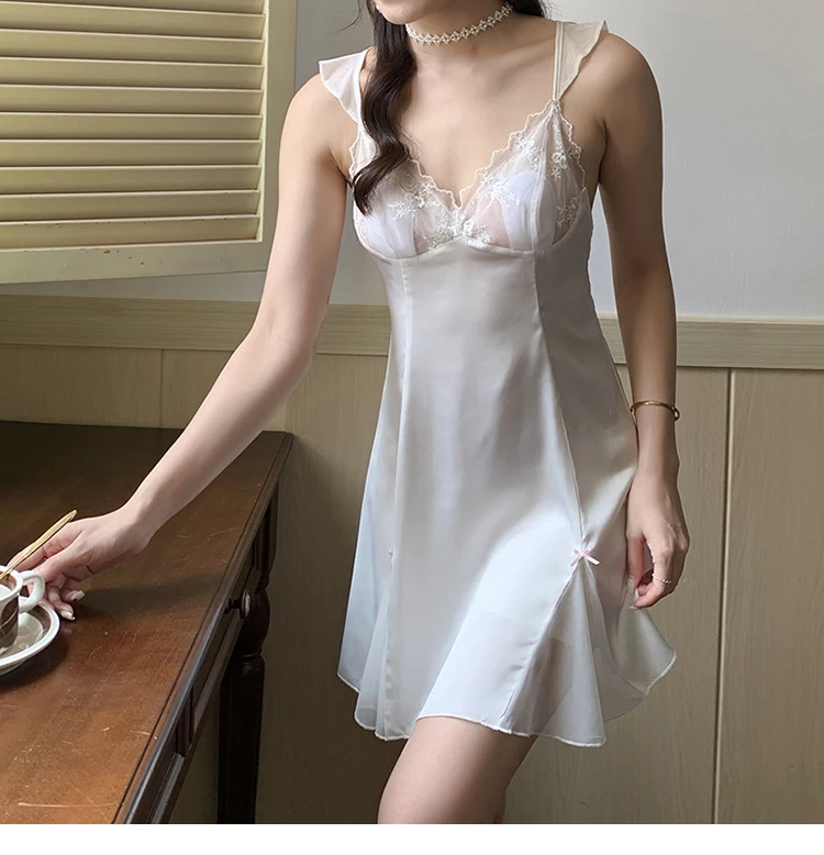 Sexy deep V temptation backless lace suspenders outer nightdress women's summer ice silk thin silk pajamas with chest pads
