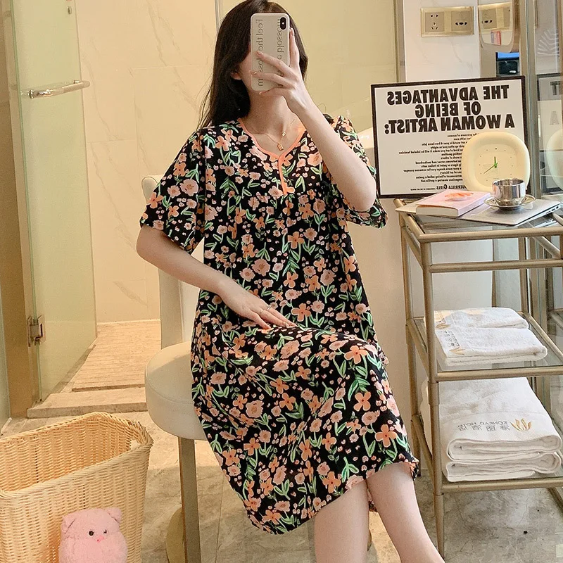 Summer Dress Sexy Sleepwear Women Night Gown Cotton Silk Girl Nightdress