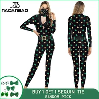 nadanbao 2022 new st patricks day green catsuits men womens long sleeve festive clothes irish day sequin tie slim rompers