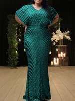 luxury evening dresses 2022 glitter bodycon v neck short sleeve striped shiny sequins elegant long mermaid robe femme 5xl