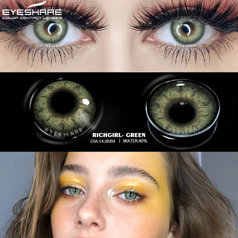 Цветные контактные линзы EYESHARE для глаз косметические цветные зеленого цвета