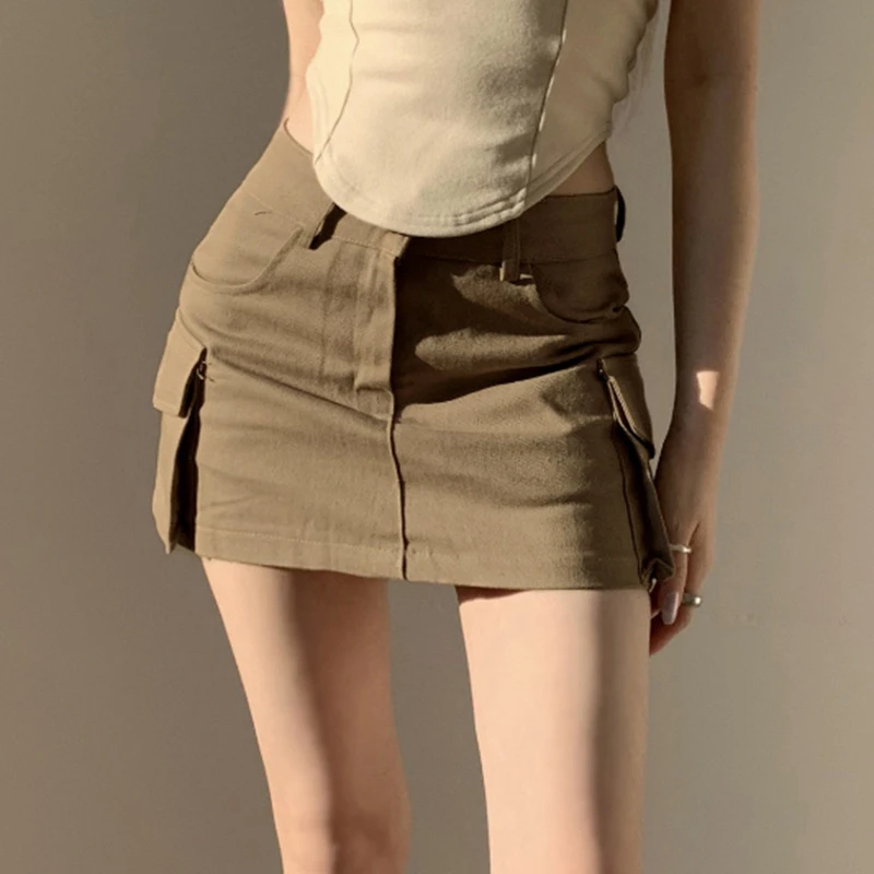 

2023 Spring Summer Solid Color Slim Women's New Street Casual A-line Skirts Spice Girls Low Waist Retro Pocket Skirt Female