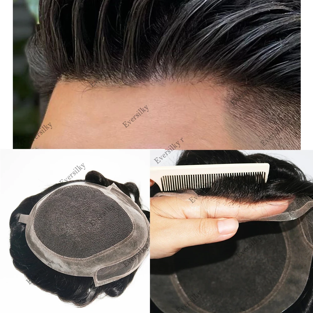

HD Transparent Swiss Lace In Front Thin Skin Base Men Toupee Real Indian Remy Hair Male Wig 8x10 Hair Replacement System Unit