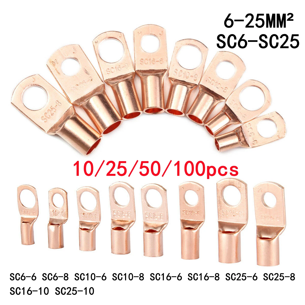 10/25/50/100pcs Copper Lug Ring Wire Connector Bare Cable Electric Crimp Terminal SC6-6 SC6-8 SC10-6 SC10-8 SC16-6 SC16-8 SC25-6 |