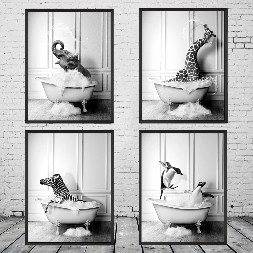 

Black White Animal Wall Art Posters Prints Elephant Zebra Penguins Giraffe Bathtub Canvas Painting Nordic Bathroom Home Decor