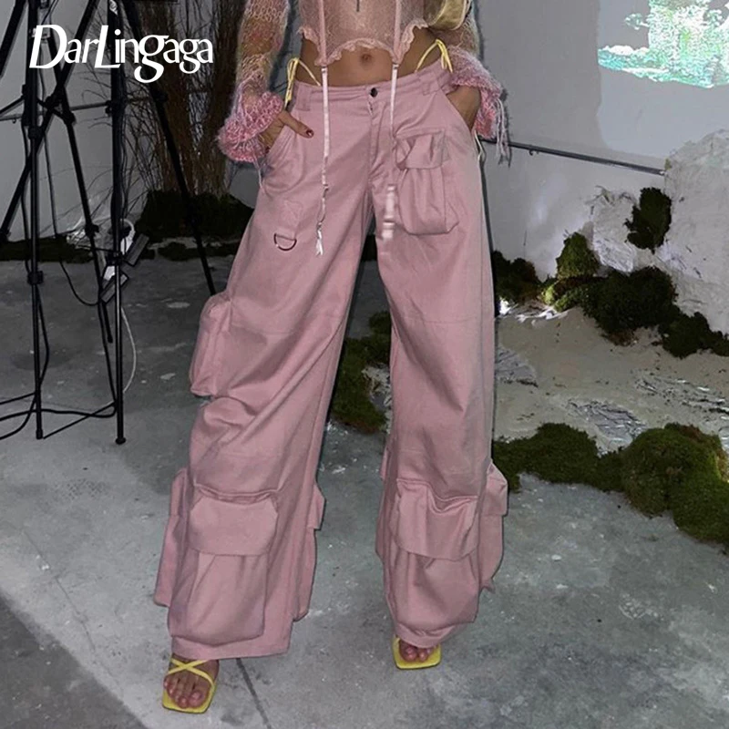 

Darlingaga Streetwear Design Pink Oversized Cargo Pants Female Jeans Multi Pockets Wide Leg Trousers Denim Flare Capris Clothes