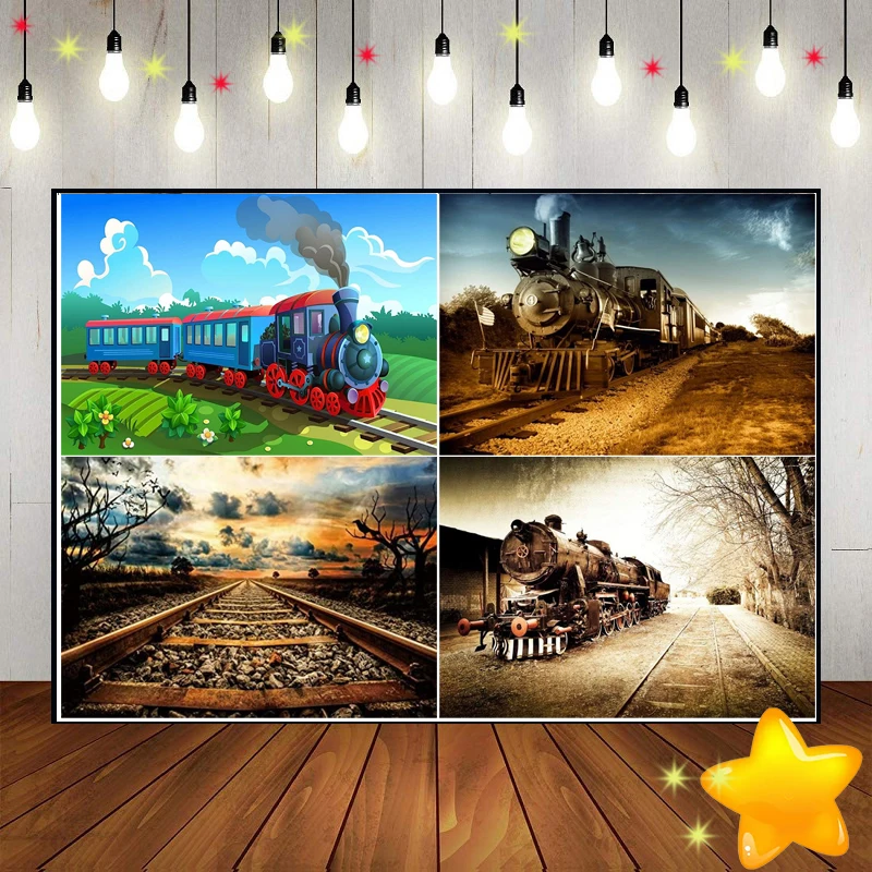 Old Steam Locomotive Photo Background Train Railroad Track Custom Birthday Backdrop Vintage Station Photography Backdrops Banner