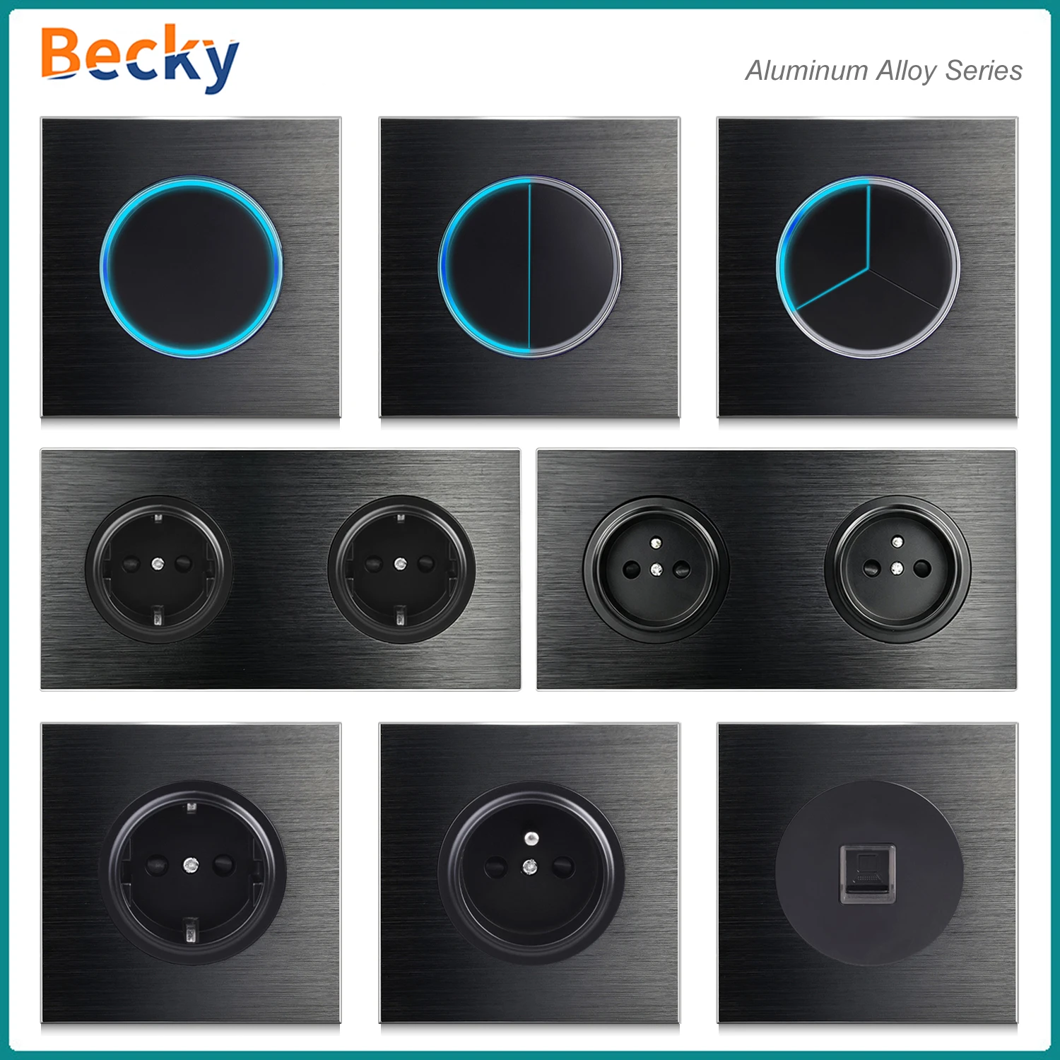 Фото Bekcy Retro EU FR Черный настенный выключатель из шлифованного алюминия с кнопкой сброса, электрической розеткой и светодиодным индикатором. №1