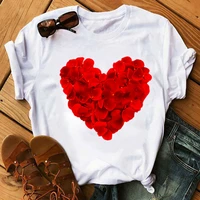 new women t shirt red rose flower heart printed tops female short sleeve tee shirt fashion women cute graphic t shirt clothing