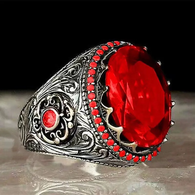

2023 New Retro Ring Male Ruby Inlaid Turquoise Punk Ring Gothic Jewelry Ancient Silver Fashion Temperament High-end Wedding Ring