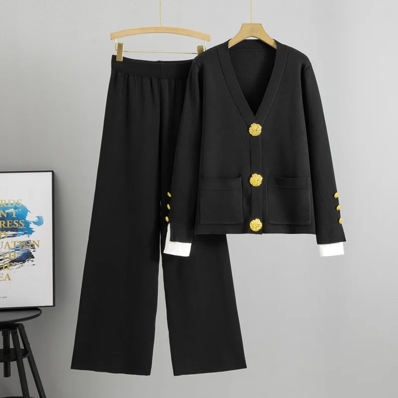 Фото Fall Winter Warm Soft Knitted 2 Piece Sets Casual V-neck Cardigan Sweater Coats Tops Conjunto Elegant Wide Leg Pants Ensembles №3