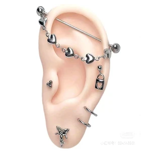 Punk Chain Industrial Piercing Stainless Steel Industrial Earrings Barbell Ear Pierc Star Cross Heart Bar Cartilge Body Jewelry