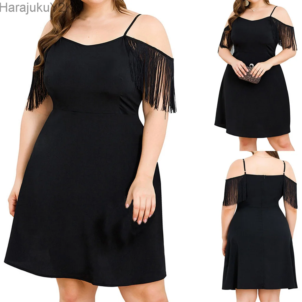 

Women's plus size fashion Dress V-neck Summer Sexy Tassel Suspenders Party Evening Dress Elegant loose Female high quality Dress