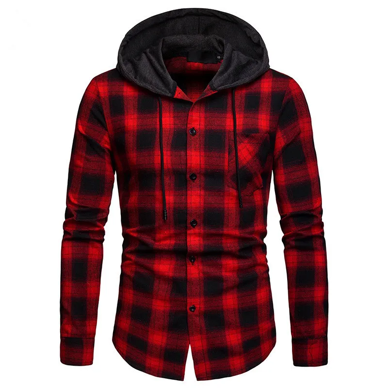 2022 Spring European Size Men's Business Shirts Fashion Plaid Shirts Casual Long Sleeve Shirts Hooded Jackets Fashion Men