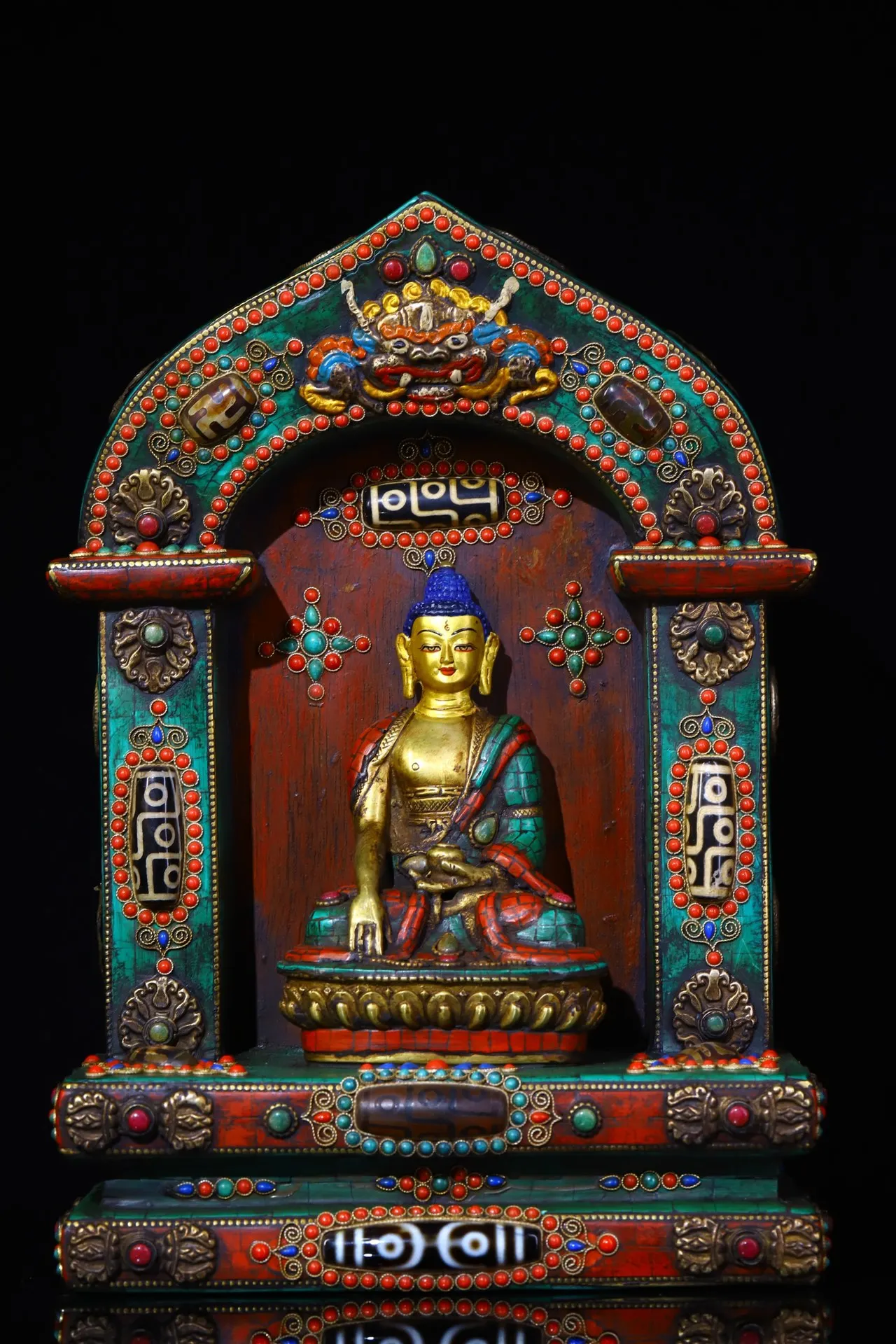 

12" Tibetan Temple Collection Old Bronze Gem Turquoise Dzi Beads Garuda Shakyamuni Buddhist niche worship hall Town house