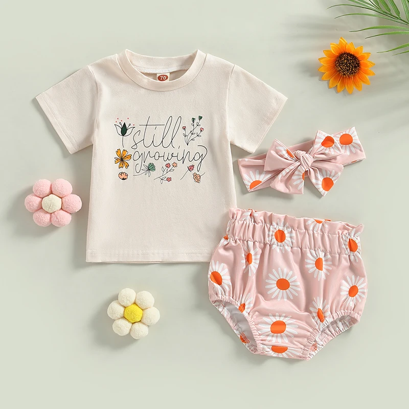 

Комплект для новорожденных девочек EWODOS, футболка с коротким рукавом + шорты с цветочным принтом + повязка на голову, на возраст 0-18 месяцев