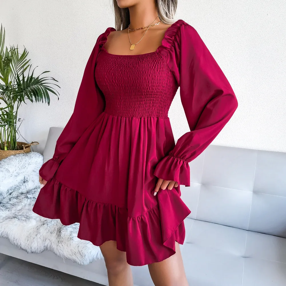 

New Summer Chiffon Dresses for Women Casual Long Sleeve Ruffle Dress Elegant Ladies Square Collar Loose Solid Mini Party Dress
