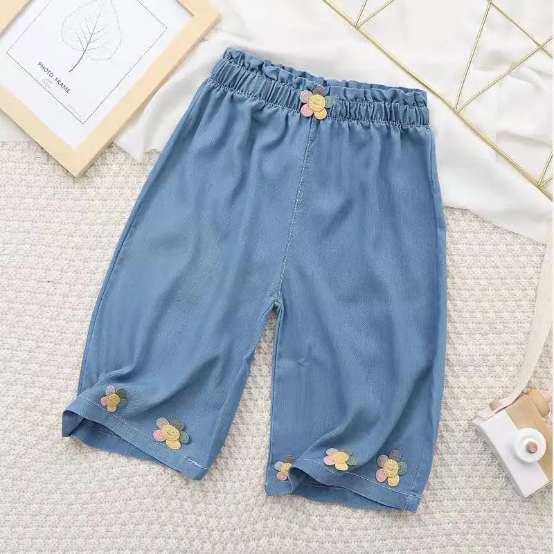 

Kids Girls Thin Denim Capris 2022 New Arrival Summer Board Shorts Casual Flower Pants Children Loose Trouses Cotton Clothes