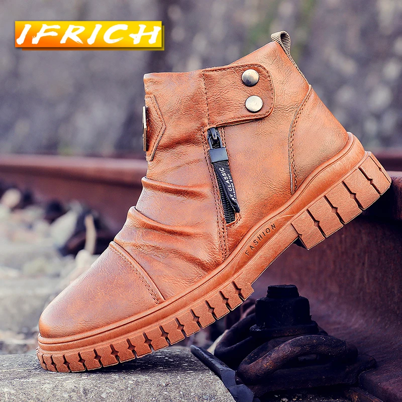 

Зимние ботинки для мужчин, брендовые модные ботинки на молнии, мужские бархатные Ботинки Martin, мужские Нескользящие мотоциклетные ботинки, р...