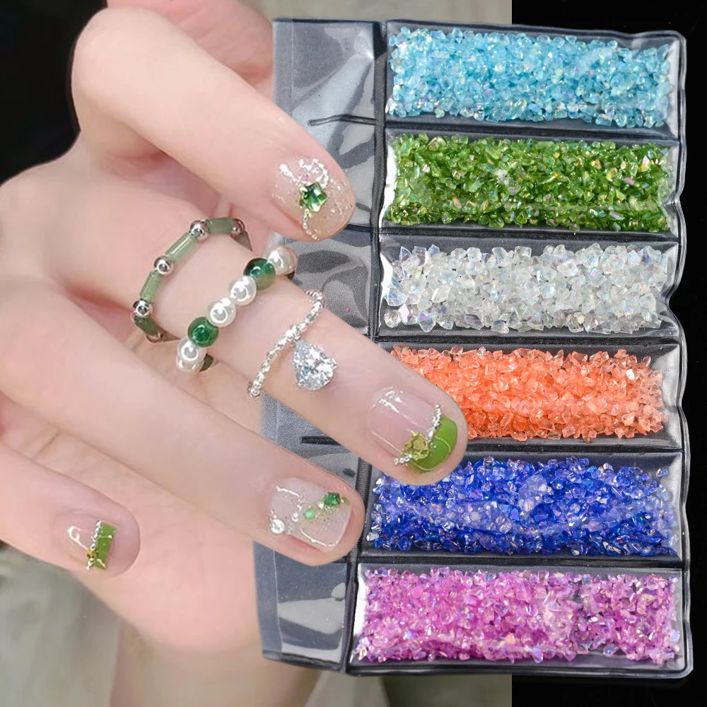 

6 Grids/Bag 3D Rhinestones Nail Art Decorations Crushed Glass Irregular Metallic Chips Sprinkles Chunky Glitter Gravel Stones #*