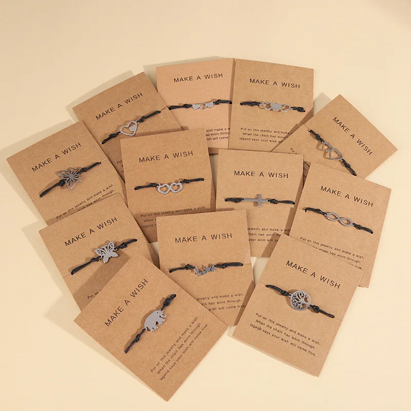 

120pcs/lot Mixed Handmade Braided Adjustable Rope Chain Butterfly Cross Heart Bracelet for Women Men Make A Wish Card Jewelry