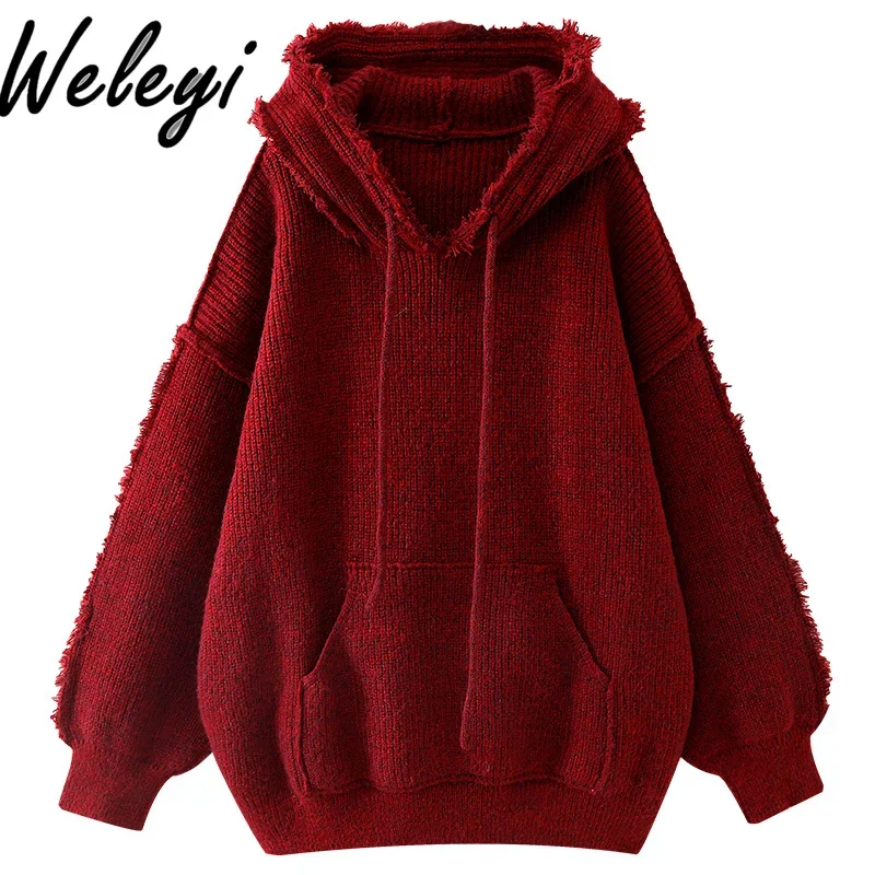 Новогодний свободный красный свитер с капюшоном в корейском стиле женский