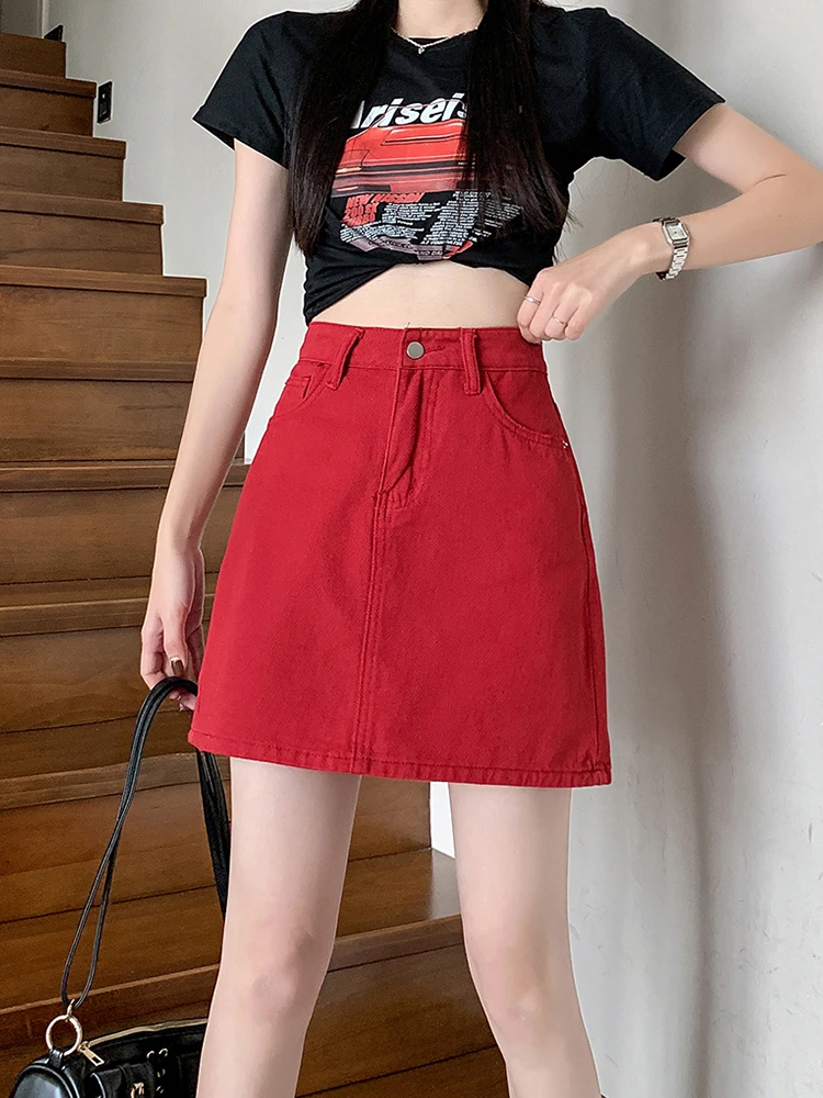 

New Spring Summer Women High Waist Loose Fit Short Denim Skirt Streetwear Female Button A-line Jeans Skirts Bottoms