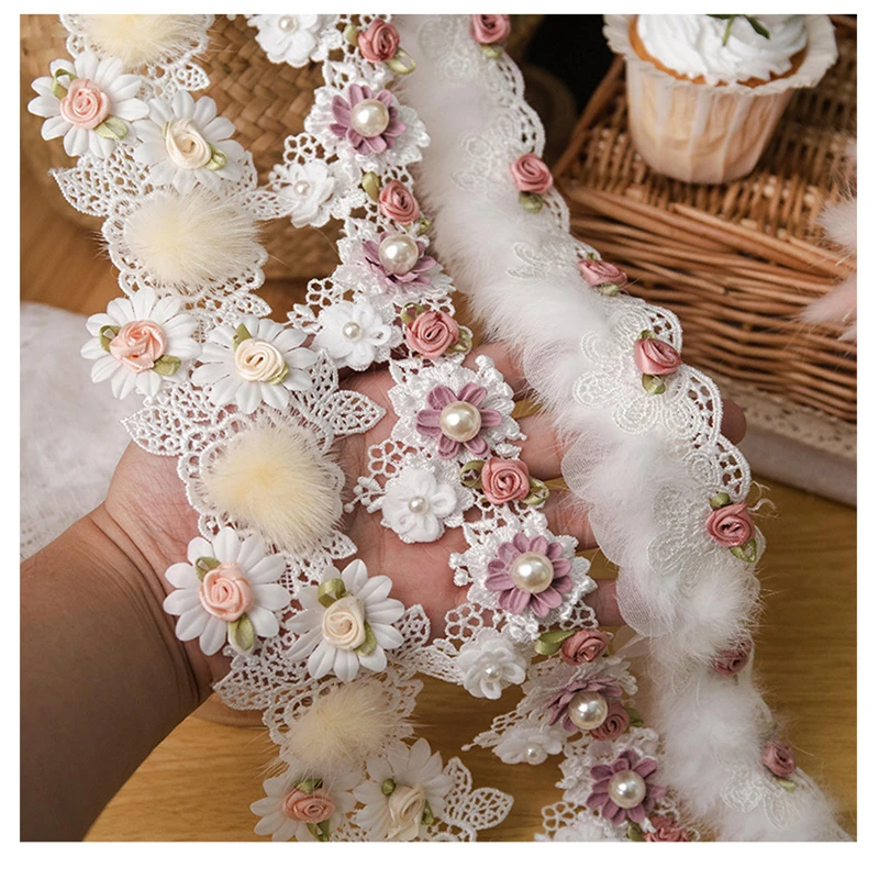 

Lace Ribbon For Wedding Decor Dress Bag DIY Sewing Accessories Beaded Applique White 3D Flower Embroidery Lace Fabric And Crafts
