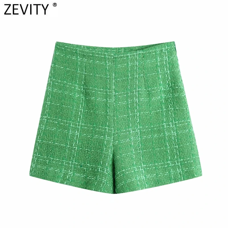 

Zevity новые женские модные твидовые шорты-бермуды зеленого цвета, женские юбки с боковой молнией, шикарные повседневные облегающие брюки P1024