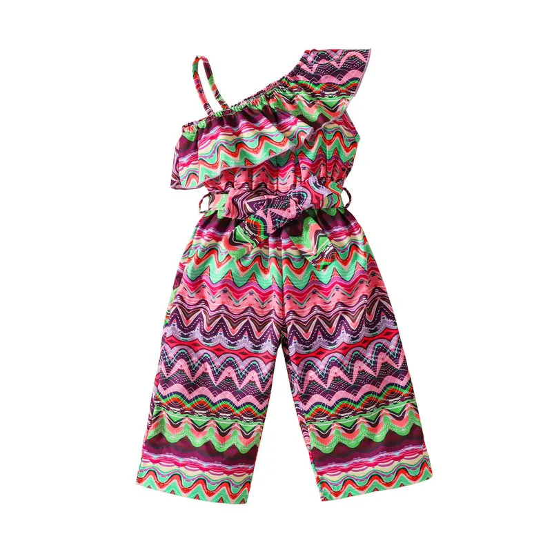 

2022 One Shoulder Kids Baby Girls Floral Sleeveelss Romper Summer Clothes Children's Long Pants Overalls Playsuit Jumpsuit 1-6Y