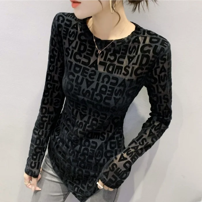Fashion Irregular Split T-shirt Women's Long Sleeve European Goods Print Mesh Top Slim fit All-Match Bottoming Shirt Women Au...