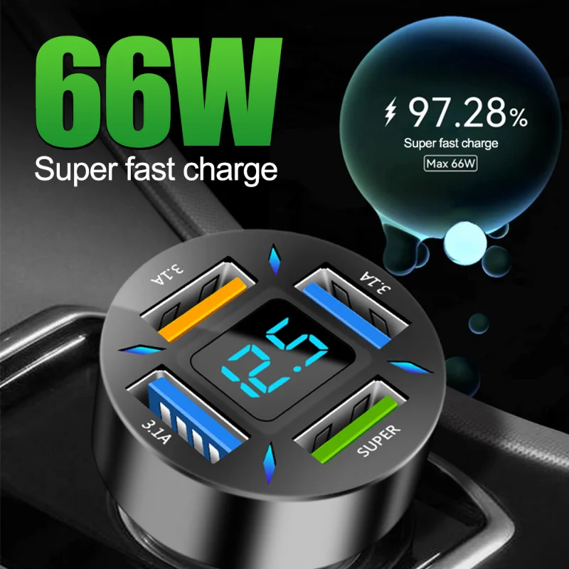 

66W USB Car Charger 4 Ports PD & QC 3.0 Fast Charging Type Car Phone Charger Adapter for IPhone Xiaomi Samsung