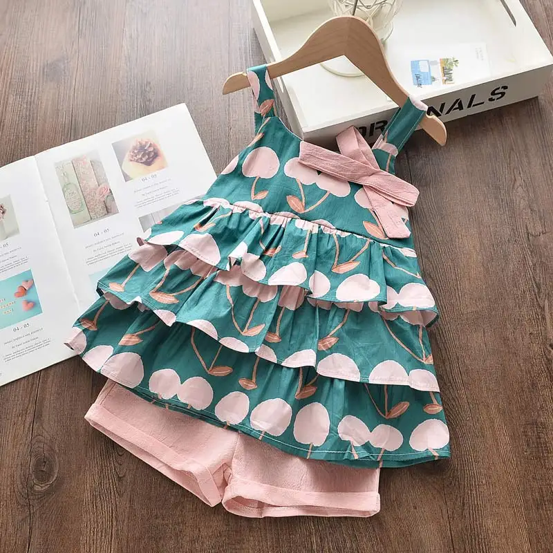

2021 New Summer Girls Sets Lovely Children Clothing Suspender Bow Top Fruits Print Pattern Short Pant 2PCS Outfits Girl Suit