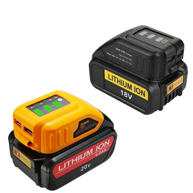 Фото Адаптер DCB090 для Dewalt 14,4 В 18 В 20 В, преобразователь литий-ионной батареи, адаптер для зарядки, источник питания, двойной USB-конвертер для Dewalt №2