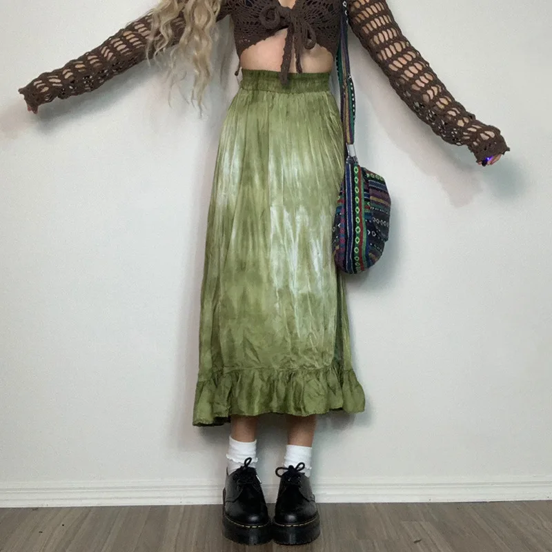 

Vintage Green Women Skrirts Retro 90s Ruffles Mid-length Tie-dye Printing Stitching High Waist Summer Skirts Streetwear