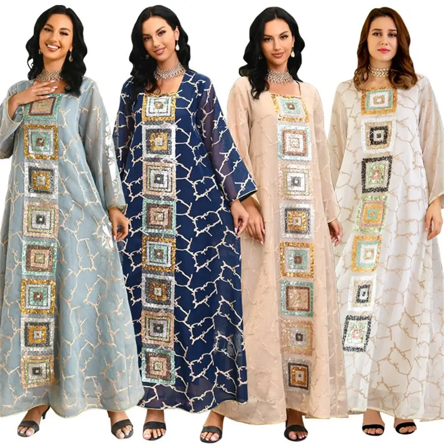 Moroccan Caftan Luxury Fashion Sequins Embroidery Square Collar Maxi Dress Arab Women Clothes Ramadan Jalabiya 2023