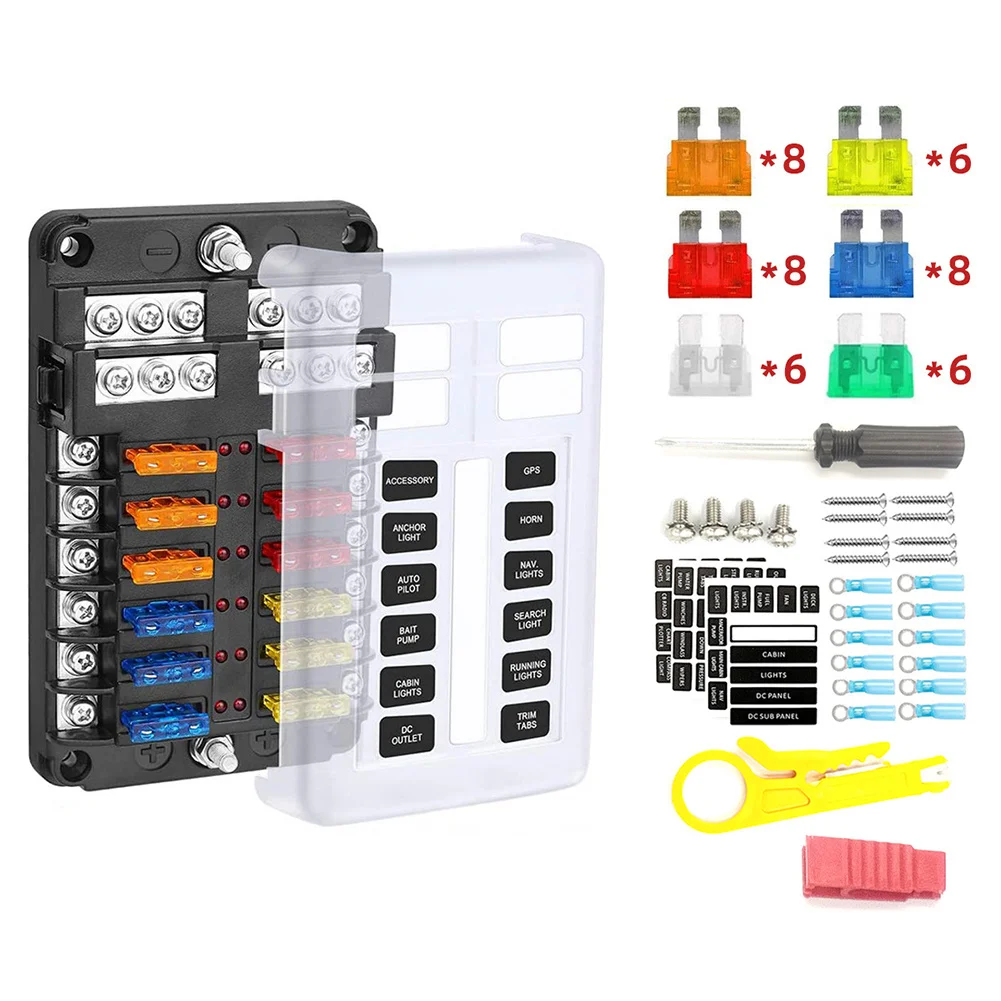 

12-circuit ATC/ATO/ATF Blade Fuse Block 138.25*85*36.5mm For Car Marine Boat Waterproof Blade Fuse Box Block Holder LED Indicato