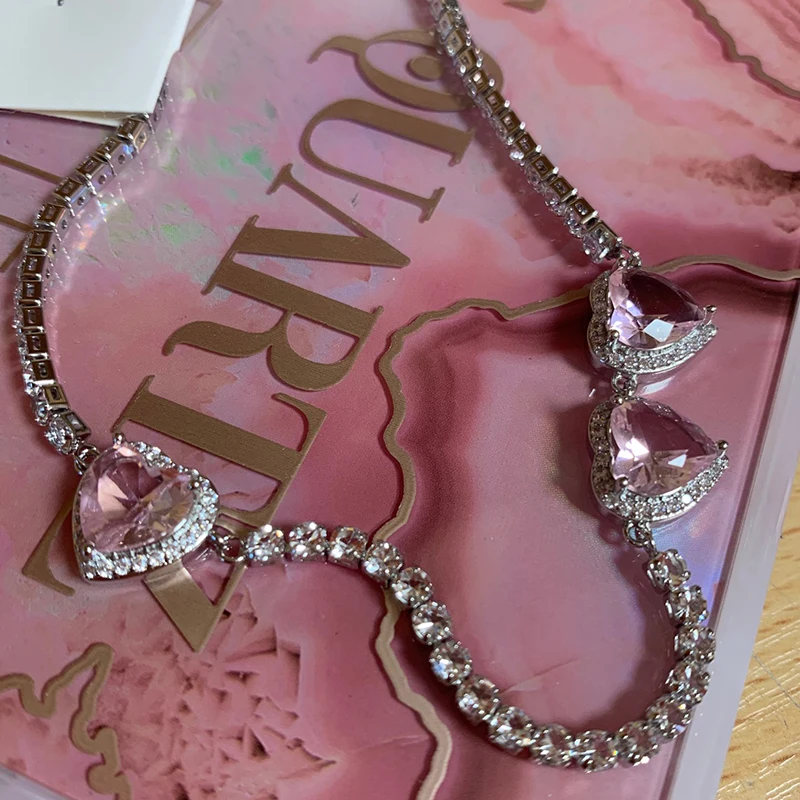

Exquisite Sweet Pink Crystal Heart Necklace For Women Girls Elegant Zircon Snake Chain Choker Collares Jewelry Friends Gifts