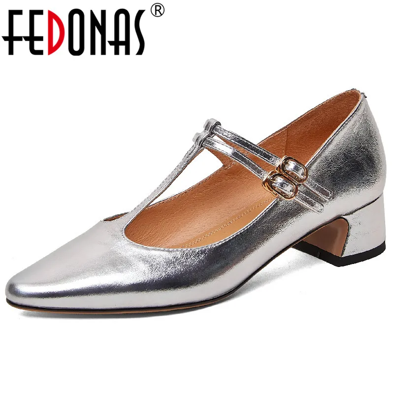 

Женские туфли-лодочки FEDONAS, элегантные туфли из натуральной кожи с острым носком на толстом каблуке с Т-образным ремешком, вечерние туфли дл...