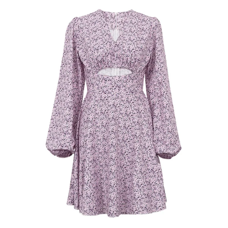 

Женское платье с цветочным принтом, длинным рукавом и V-образным вырезом