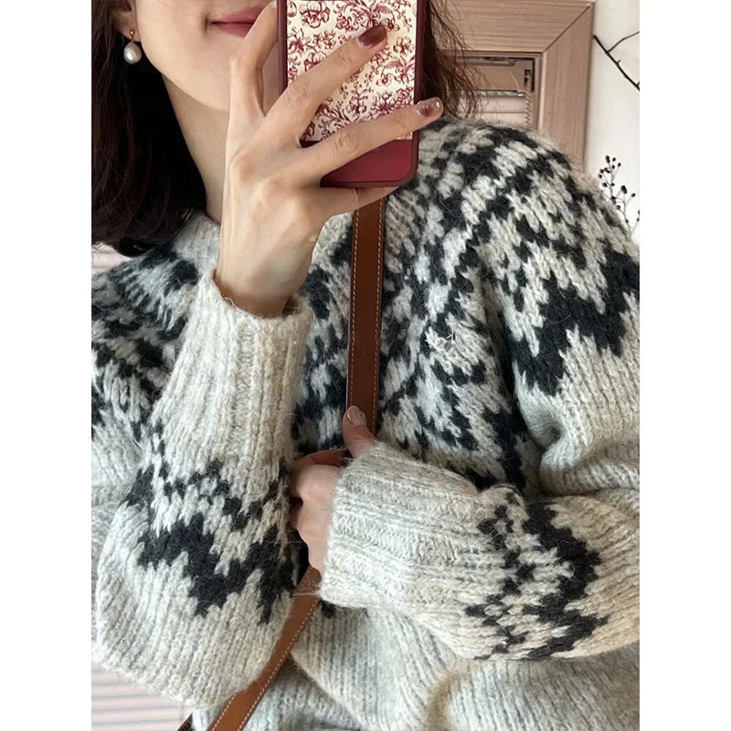 2024 Новинка! Женский короткий свитер в стиле ретро Fair Isle с мягким геометрическим