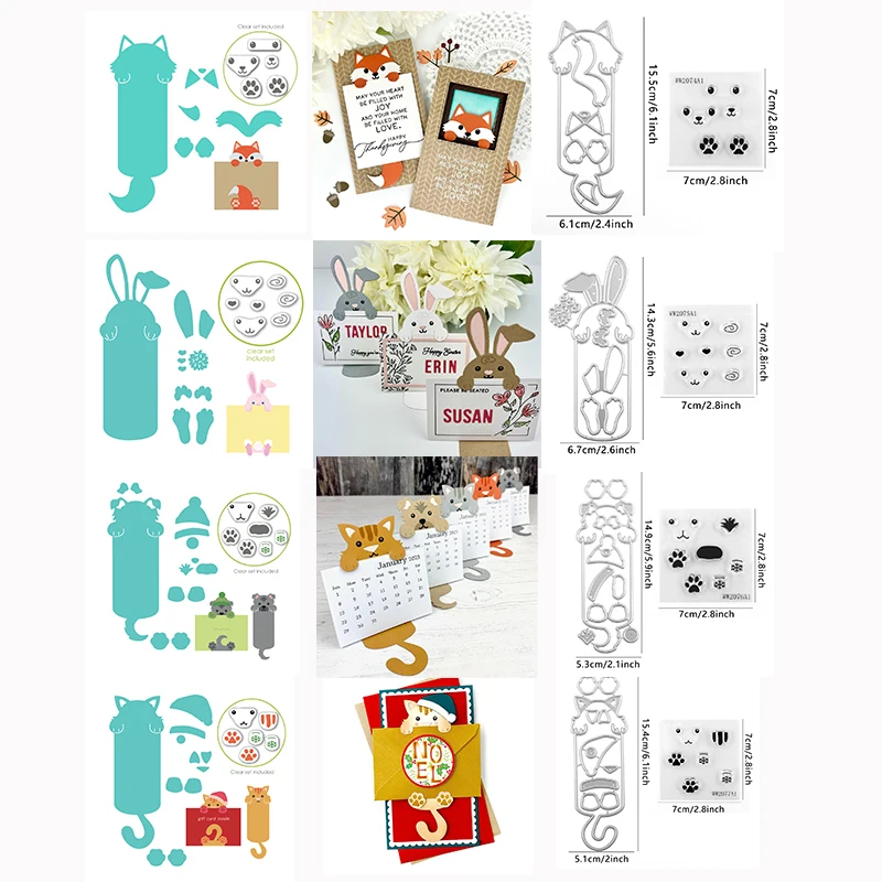 

New 2024 Stamps and Dies Rabbit Fox Cat Animals for Diy Card Making Supplies Scrapbooking Stencils Christmas Stamping Plate