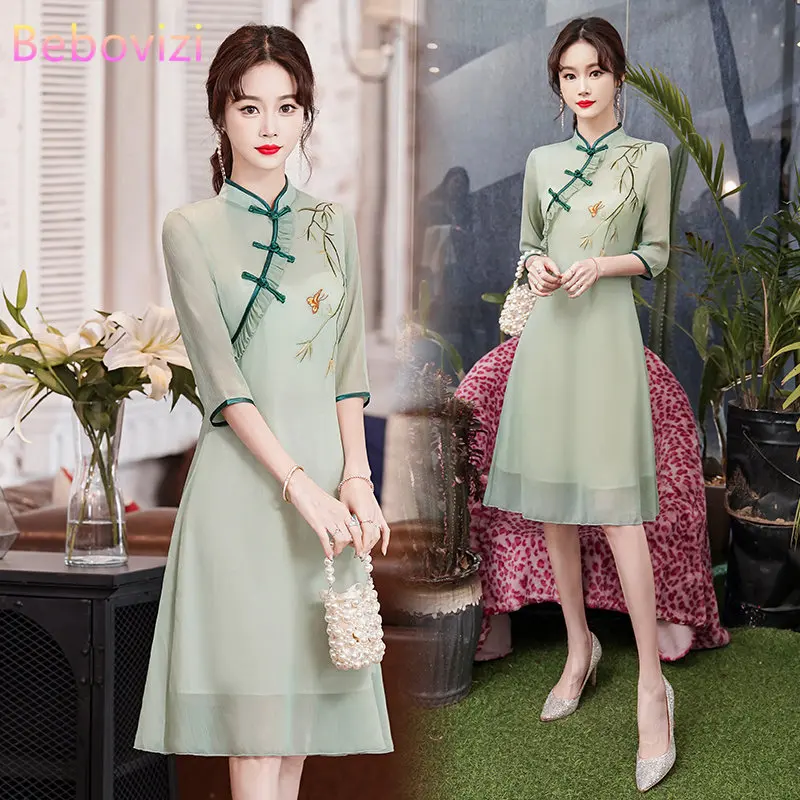 New Elegant Retro Modified Cheongsam Chinese Traditional Qipao Dress for Women Clothing