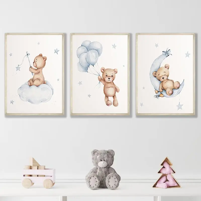 Синий постер с изображением мишки тедди милый воздушный шар украшение для