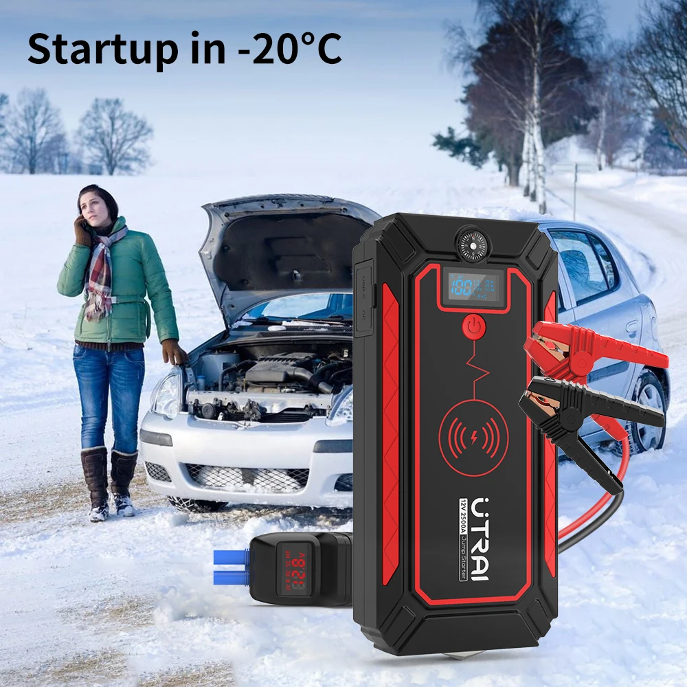 UTRAI 2500A Jump Starter Power Bank Battery Portable Charger 10W Wireless Charging LCD Screen Safety Hammer Car Starting Device